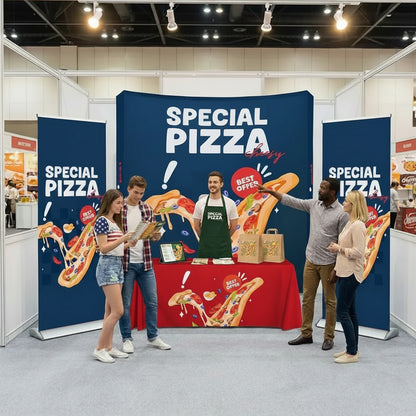 People interacting with a promotional stand for Special Pizza in an indoor setting.