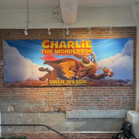 A promotional fabric banner print